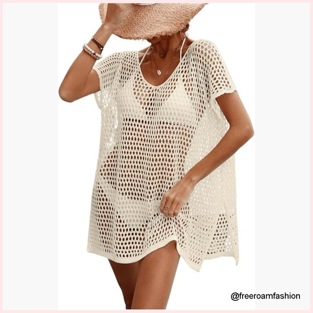 Crochet Hollow Out Short Sleeve Swimsuit Coverup Dress